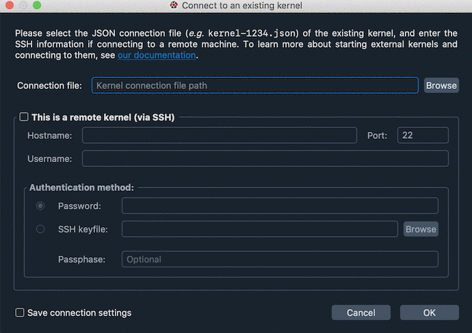 Dialog to create a connection to a remote kernel