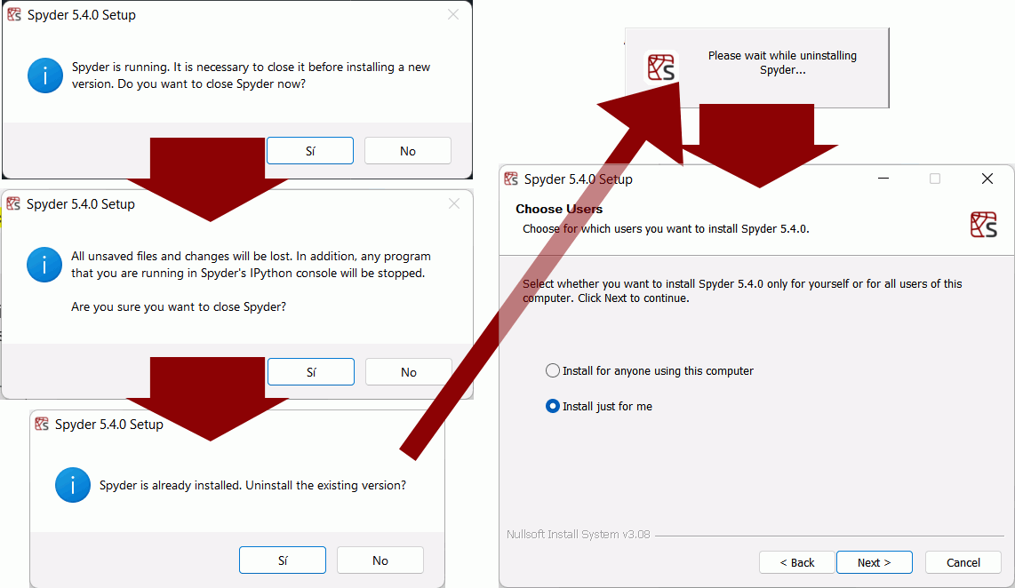 Series of screenshots of intallation steps, with arrows between: Yes/no dialog to close spyder, confirm close dialog, uninstall old version dialog, uninstalling status and finally installation wizard