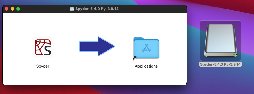 macOS new version's DMG mounted with a drag and drop dialog to move new Spyder version into the Application folder