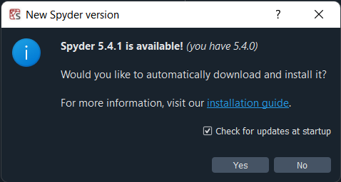 Update available dialog from Spyder version 5.4.0 to 5.4.1 - New update available dialog