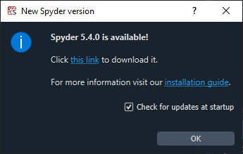 Update available dialog from Spyder version 5.3.3 to 5.4.0 - Old update available dialog