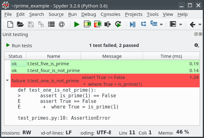Test results in Spyder windows