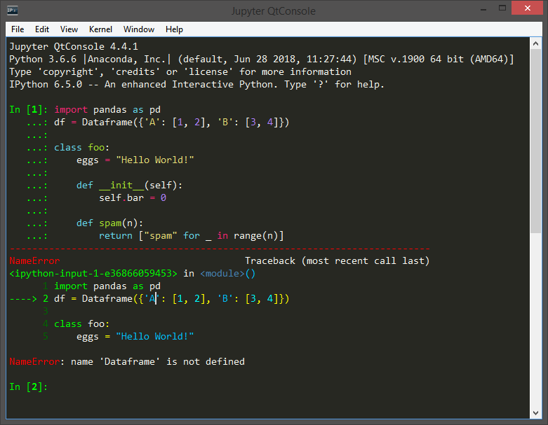 Screenshot of the QtConsole main window, with a new syntax highlighting theme applied