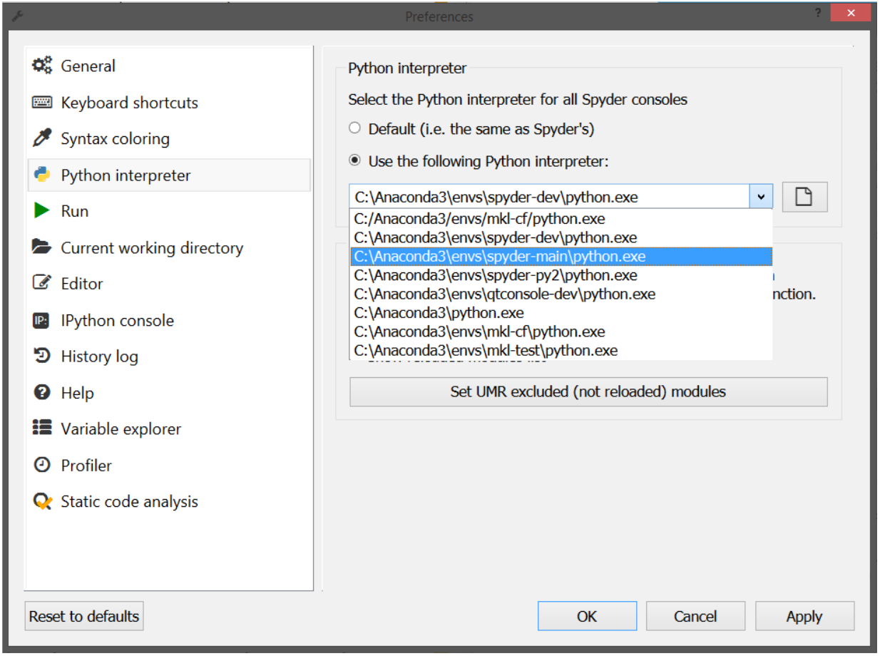 Python interpreter pane of Spyder's preferences, showing the new environment selection UI