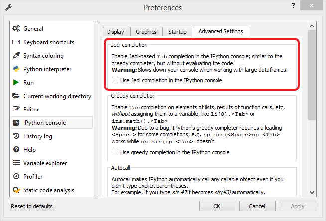 Advanced tab of the IPython console pane of Spyder's preferences, with the new Jedi completion section highlighted