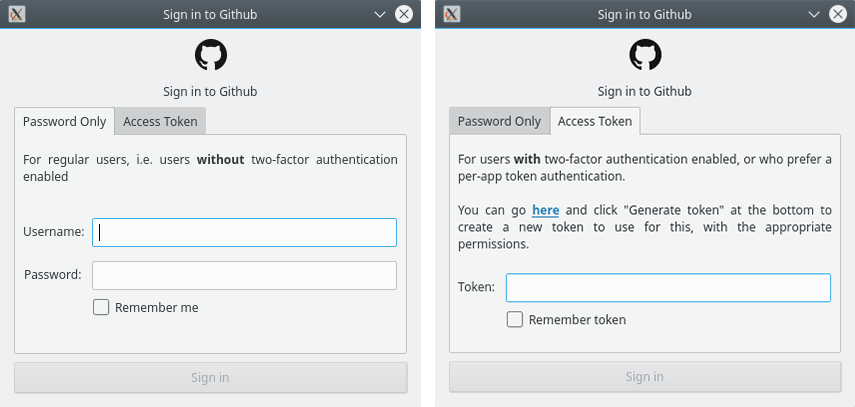 The new authentication dialogs for submitting a Github report, with a username/password and a token option