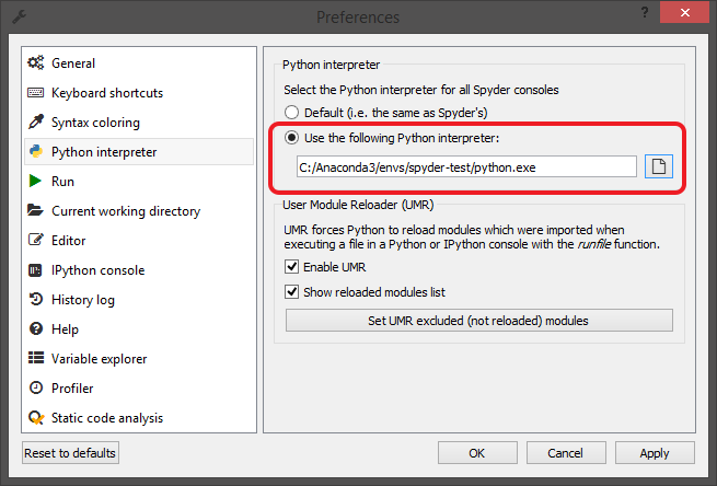 Python interpreter pane of the Spyder preferences dialog, with the "Use the following Python interpreter" option highlighted