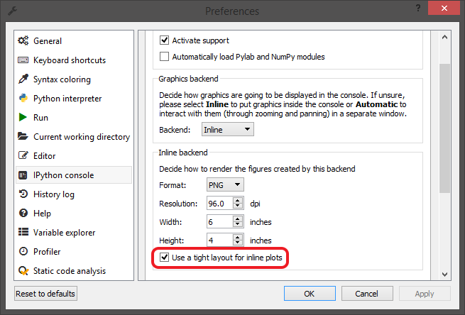 Graphics tab of the IPython console pane of Spyder's preferences, with the new "Use a tight layout for inline plots" option highlighted
