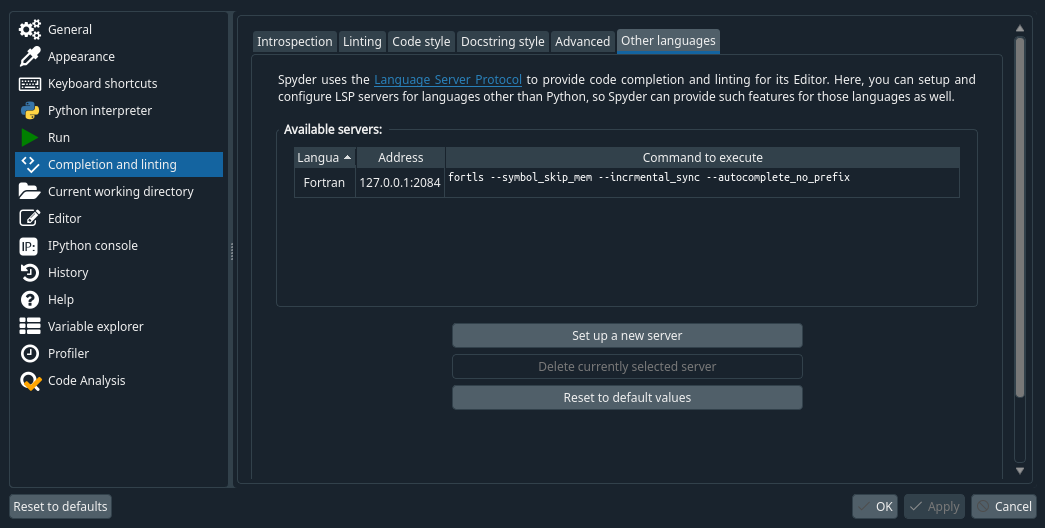 Spyder Completion and Linting preferences pane, showing example PyLS servers configured for Go and Julia