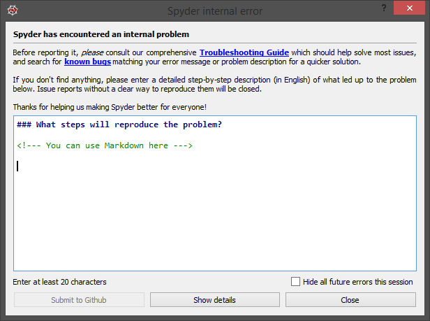 New Spyder error report dialog, with more helpful UI text