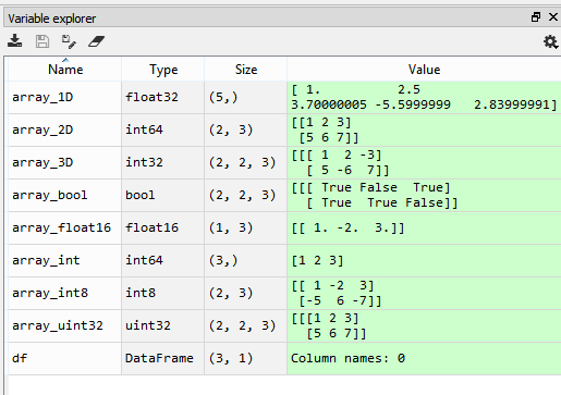 Variable Explorer, with a variety of array types displayed