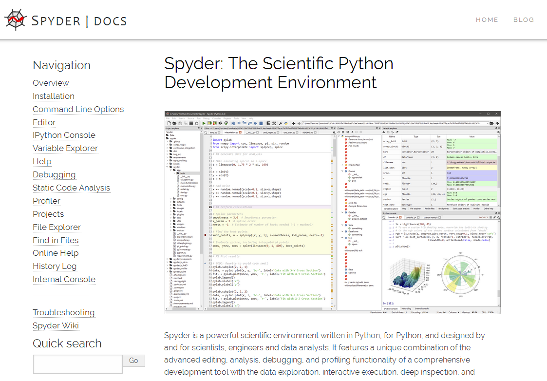 Screenshot of the Spyder documentation website, showing the index page